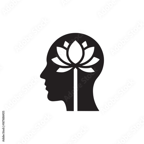 A silhouette of a head with a lotus flower inside representing mental clarity and mindfulness concept