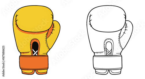 Classic boxing glove graphic element in two styles, a vibrant colored version and a black and white line art outline for sports design