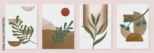 Abstract botanical wall art prints vector set. Geometric shape and green leaf branches with earth tone watercolor texture. Illustration design for Eco packaging, interior, cover, wall art, wallpaper.