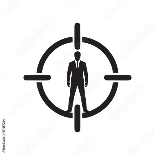 Silhouette of a businessman standing in the center of a black target on a white background