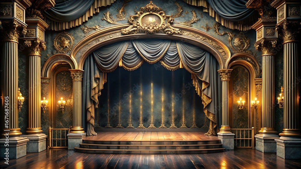 Fototapeta premium A grand theater stage with ornate gold detailing and a luxurious blue curtain, evoking a sense of classic elegance and theatrical performance art