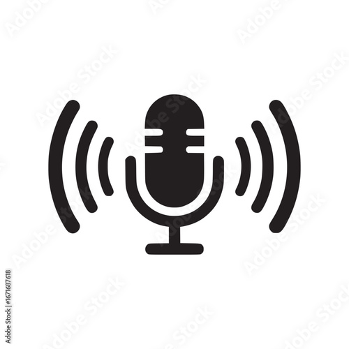 A simple black and white icon of a microphone with sound waves radiating from its sides on white