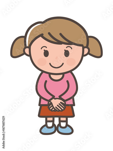 Polite Cartoon Girl with Hands Folded in Front