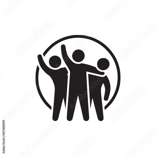 A graphic illustration of three figures standing together in a circle with arms raised in solidarity