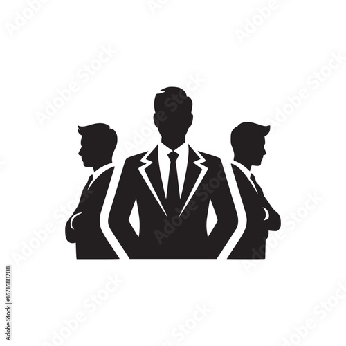 Three silhouetted business men standing with arms crossed in black and white illustration style