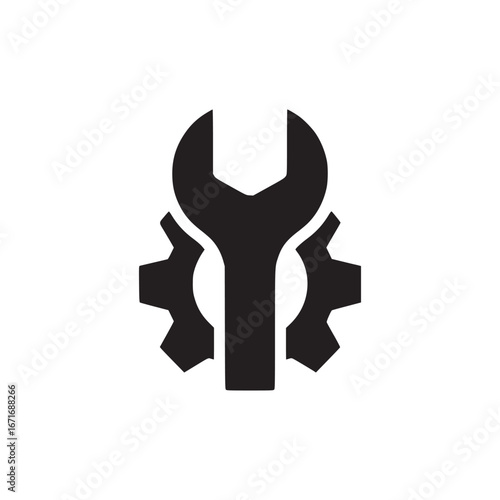 A black and white graphic of a wrench superimposed over a gear on a white background design icon