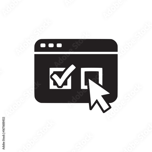 A black and white graphic of a browser window with a check mark and a cursor pointing at a box