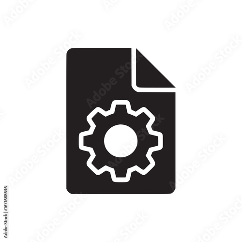 A black document with a folded corner and a white gear icon centered on the document surface