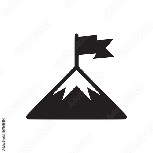 A minimalistic black and white illustration of a mountain peak with a flag on top of it
