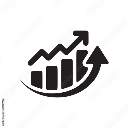 A black graphic showing a bar graph with an upward trending arrow on a white background design icon