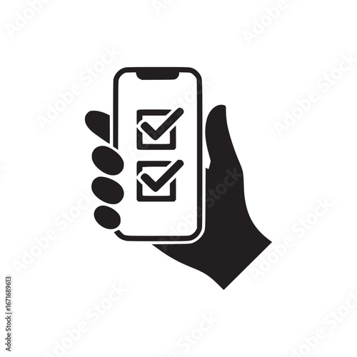 Hand holding smartphone with two checkmarks in boxes displayed on the screen in black and white
