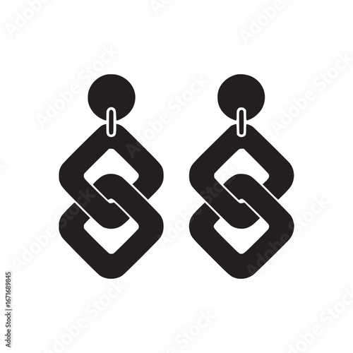 A pair of black earrings with circular studs and linked diamond shaped designs on a white background