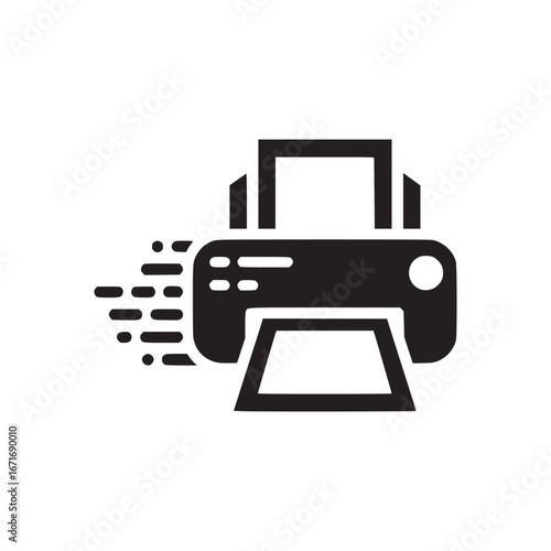 A black and white graphic icon illustration of a printer with printing motion effect on white