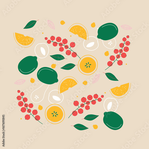 Colorful flat style illustration of assorted fruits and vegetables, whole and cut into slices. Minimal modern artwork for healthy food themes, packaging design, posters and decorative projects.