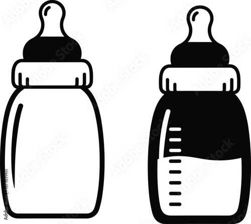 Vector illustration of baby milk bottles with measurement lines, outline and filled styles, infant feeding icons for parenting, nutrition, and childcare