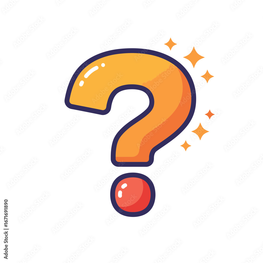Naklejka premium Stylized orange question mark with a red ball and sparkling stars around it on white background, concept for problem solving, decision making and FAQs