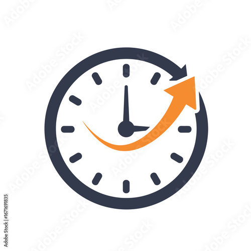 Clock with upward curved arrow indicating time management, surrounded by a dark blue circle. Concept for business growth, productivity improvement and efficiency optimization