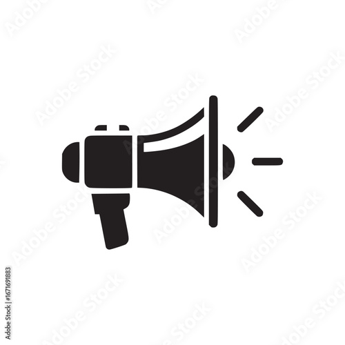 A black and white graphic illustration of a megaphone with sound waves emanating from the horn