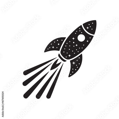 A black and white illustration of a rocket ship with stars and propulsion lines on a white background