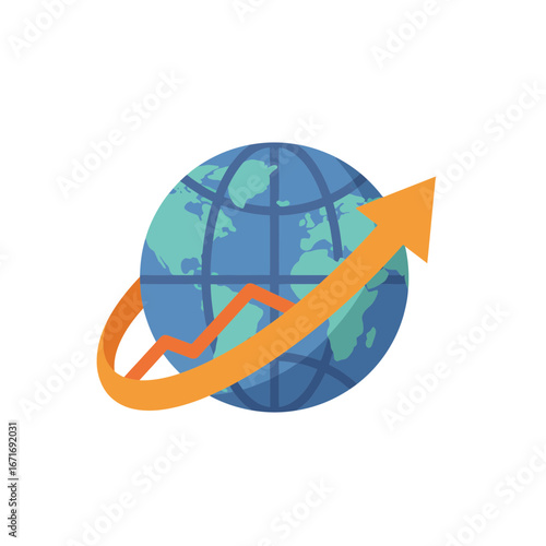 Stylized globe with upward-pointing orange arrow and line depicting economic growth worldwide. Concept for global expansion, international trade, and worldwide market analysis