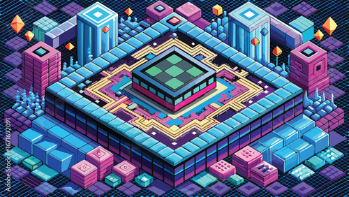 Abstract colorful mosaic of a futuristic city circuit board