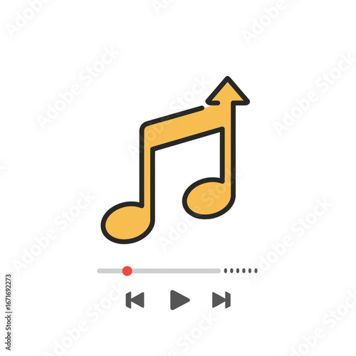 Cartoon musical note with arrow pointing upwards on white backdrop, suggesting growth, concept for audio streaming, song promotion and podcast advertising