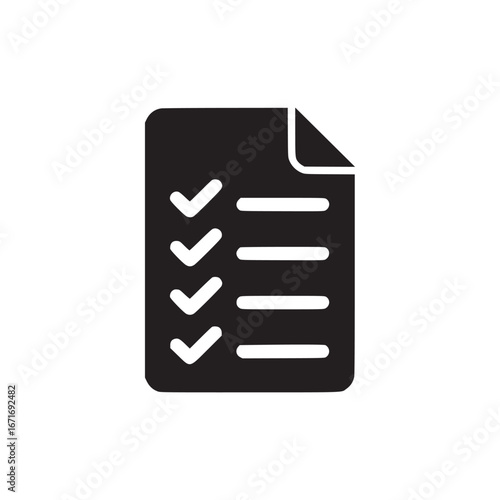 A black and white illustration of a document with check marks and horizontal lines on it