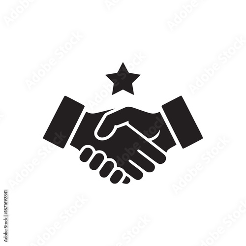 A black and white graphic of a handshake with a star above it symbolizing a successful partnership