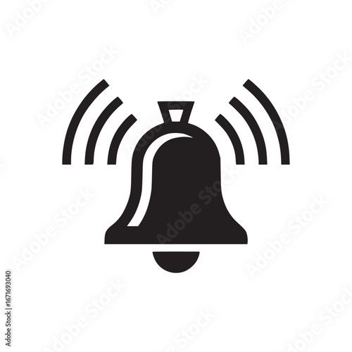 A simplistic black bell icon with sound waves emanating from it on a white background illustration
