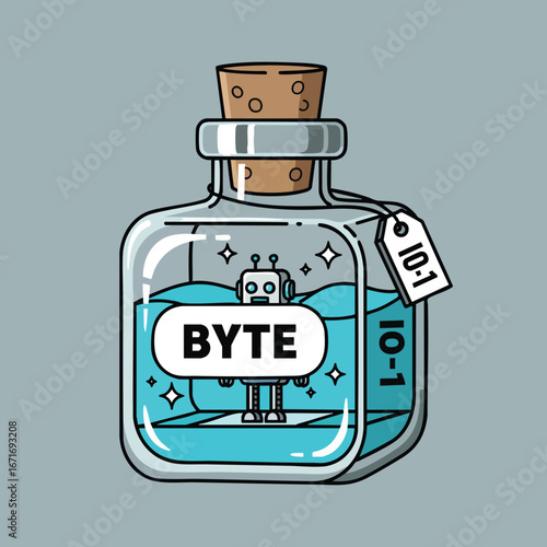 Digital byte potion with robot character in a corked glass bottle.