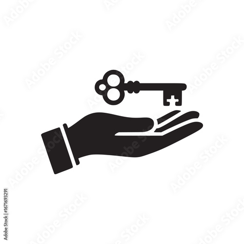 A black key hovering above an open hand with fingers outstretched in a simple vector illustration
