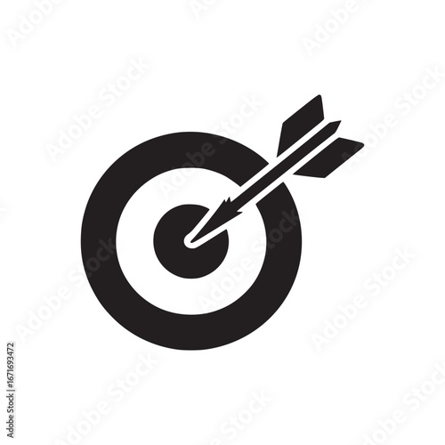 A black and white graphic of a target with an arrow hitting the bullseye on a white background
