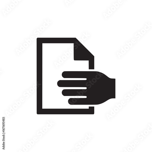 A black and white illustration of a hand holding a document with a folded corner design element