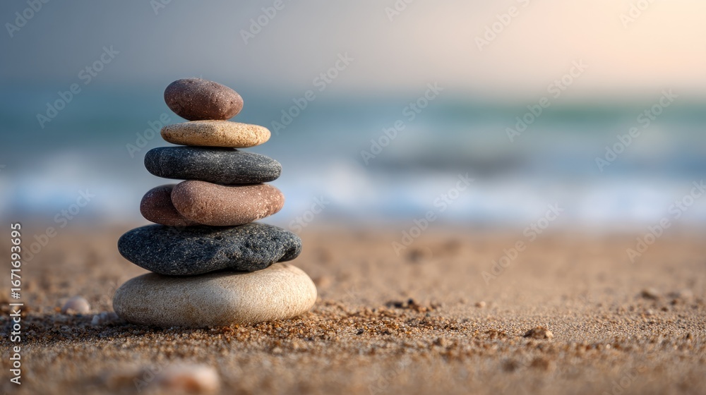 Fototapeta premium Stacked stones on a beach. Calm scene, stones balanced, ocean in background