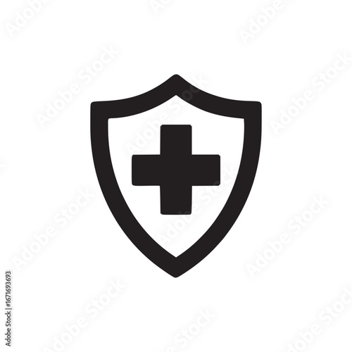 Black shield outline with a plus sign in the center on a white background in a simple vector style
