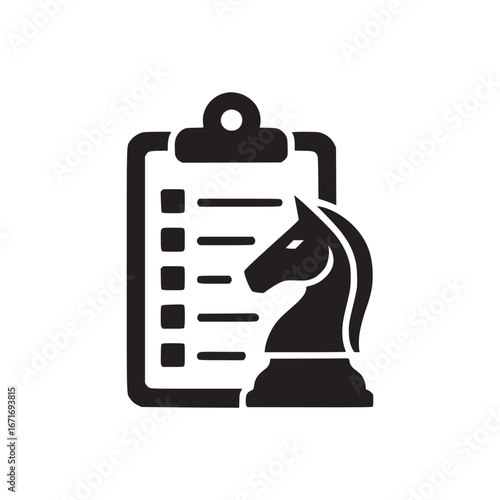 A black and white graphic of a clipboard with a checklist and a chess knight piece next to it icon