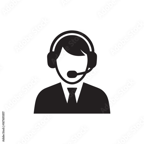 A black and white graphic of a person with a headset wearing a suit and tie illustration icon style