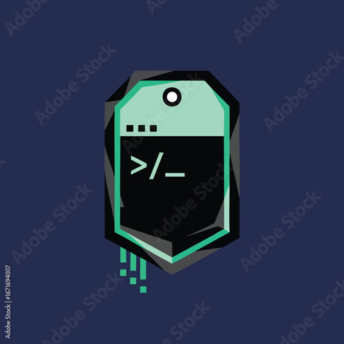 Abstract digital badge with command line interface symbol.