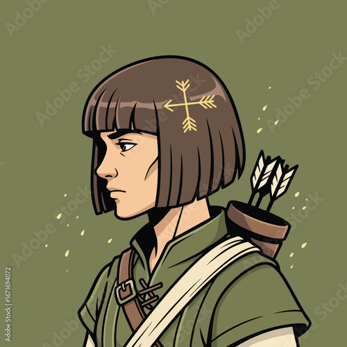 Determined female archer character with quiver and arrows.