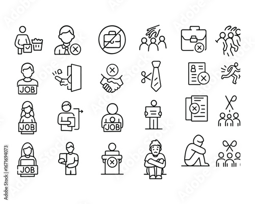 Set of outline icons related to jobless, firing, retirement. Linear icon collection