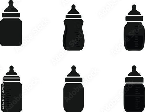 Vector illustration set of baby milk bottles, different shapes and styles, black icon silhouettes for infant feeding, childcare and nutrition themes