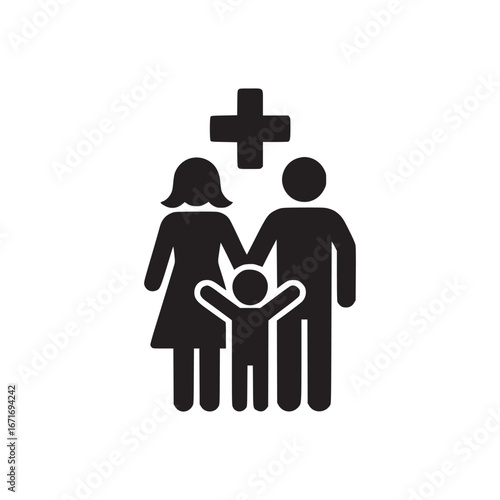 A black silhouette of a family with a plus sign above them on a white background graphic design