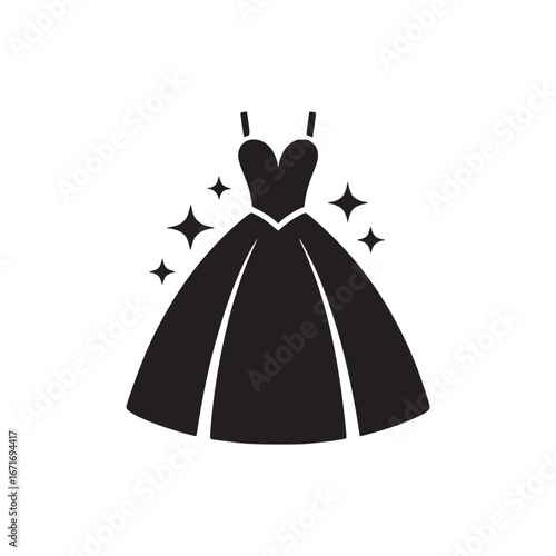 A black dress with thin straps and a full skirt surrounded by sparkling stars on white background