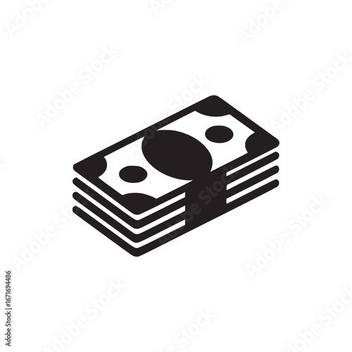 A simple black and white graphic of a stack of money tied together with a black band graphic icon