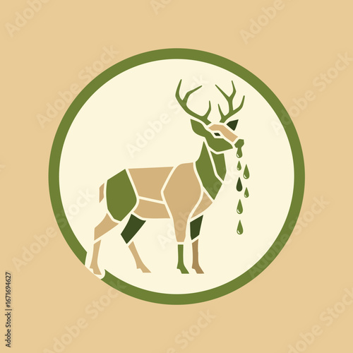 Graphic illustration of a stag with butcher chart sections and dripping liquid.
