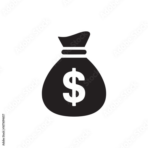A black and white illustration of a money bag with a dollar sign on a white background design icon