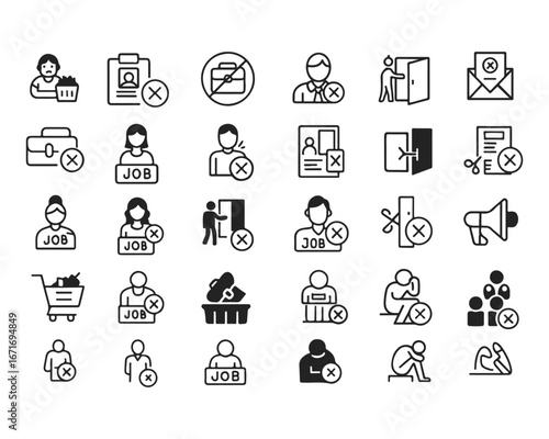 Set of outline icons related to jobless, firing, retirement. Linear icon collection