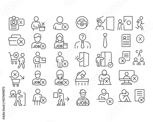 Set of outline icons related to jobless, firing, retirement. Linear icon collection