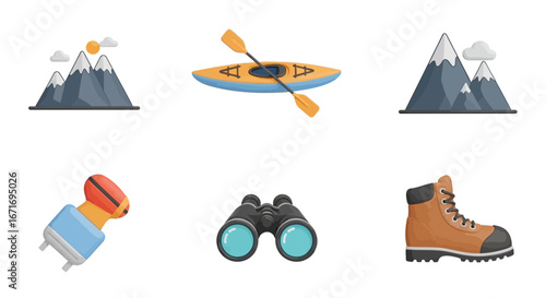 Outdoor recreation equipment arranged on a white surface showcases adventure and exploration in a minimalist, clean aesthetic.