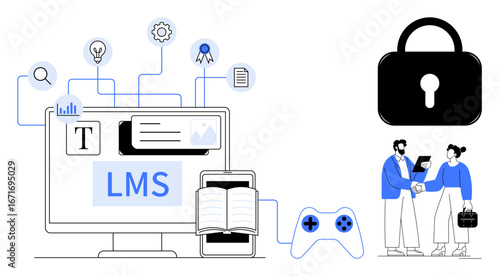 Computer with LMS interface, tools, book, and game controller. Includes lock symbol and handshake. Ideal for e-learning, education, gamification, collaboration security remote work organizations